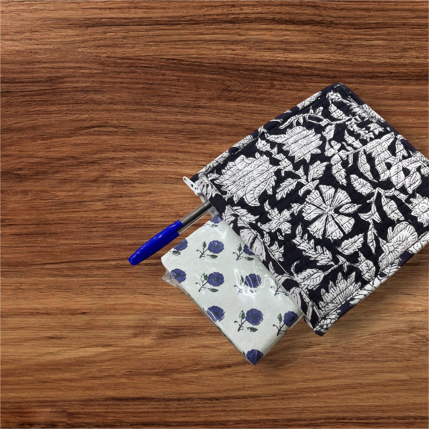 Handblock Printed Quilted Pouches with Zip Closure