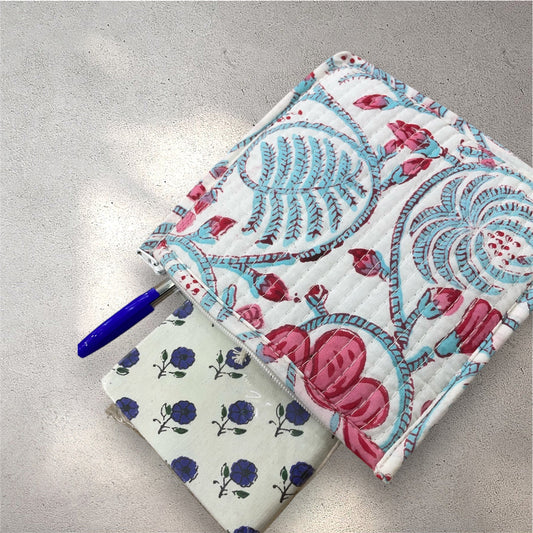 Handblock Printed Quilted Pouches with Zip Closure