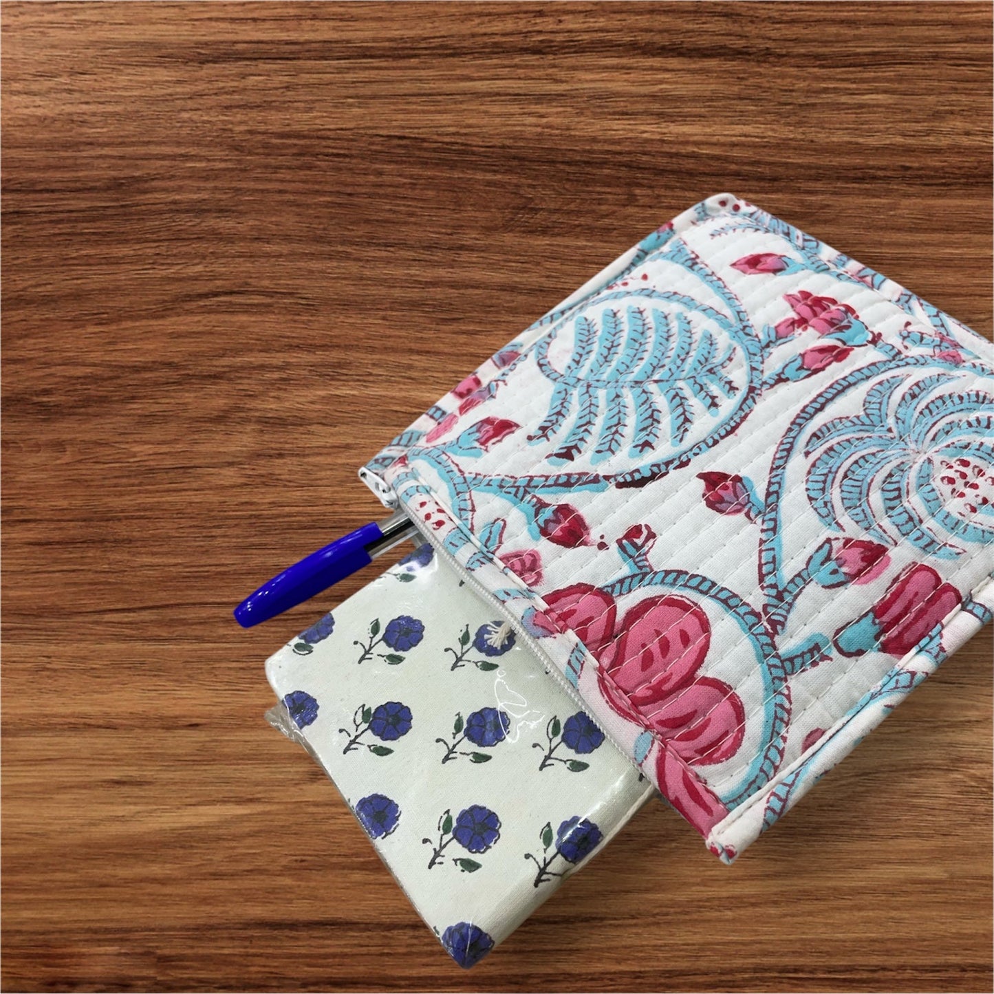 Handblock Printed Quilted Pouches with Zip Closure
