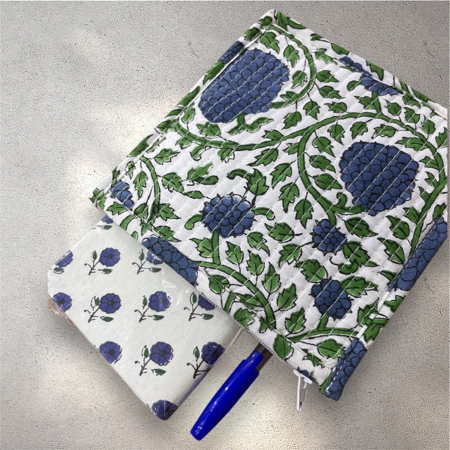 Handblock Printed Quilted Pouches with Zip Closure