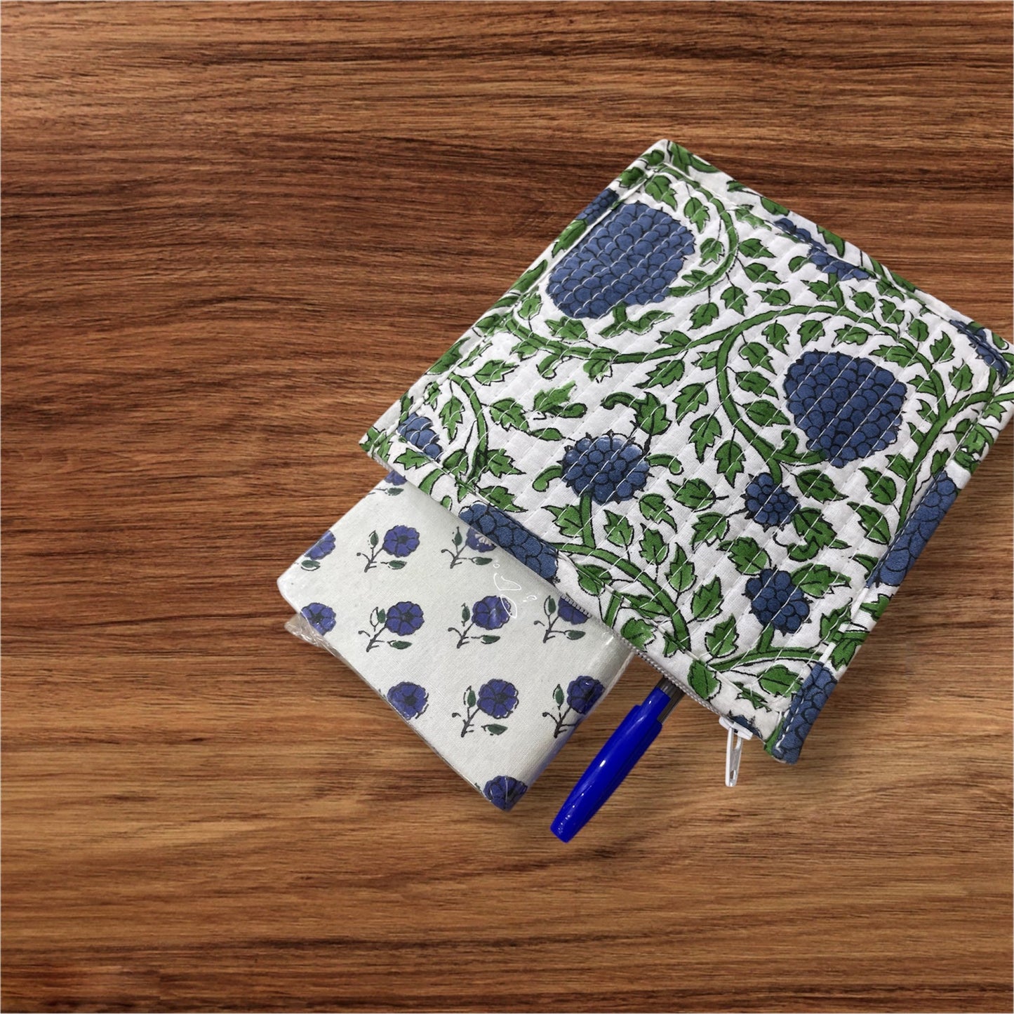 Handblock Printed Quilted Pouches with Zip Closure
