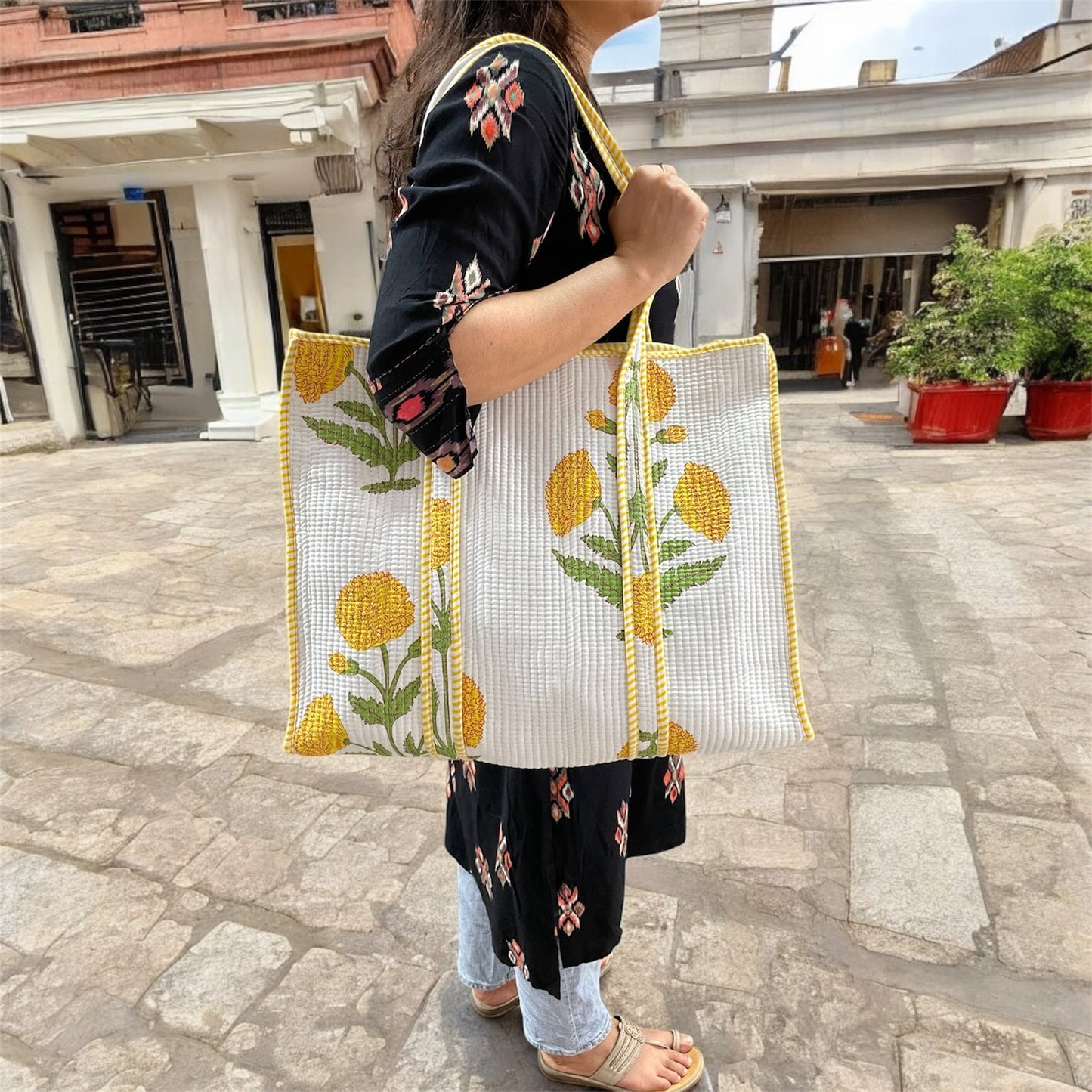 Handblock Print Tote Bag with Zipper