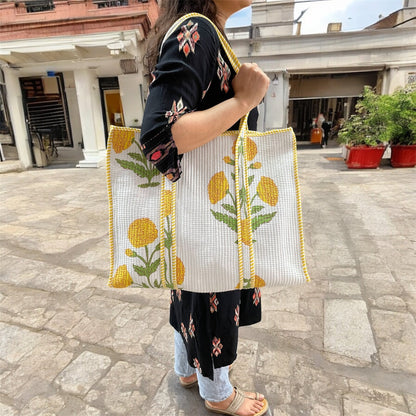 Handblock Print Tote Bag with Zipper