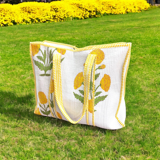 Handblock Print Tote Bag with Zipper