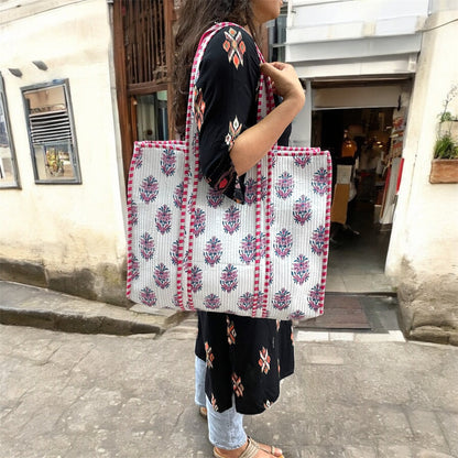 Handblock Print Tote Bag with Zipper
