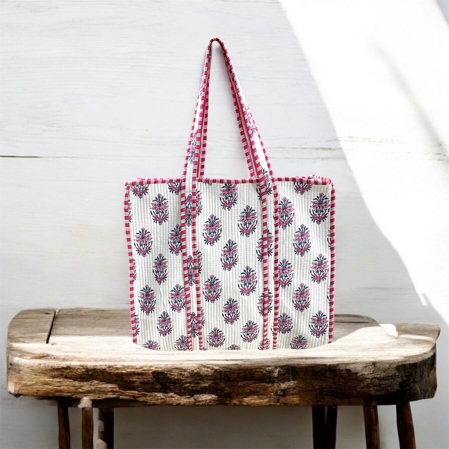 Handblock Print Tote Bag with Zipper