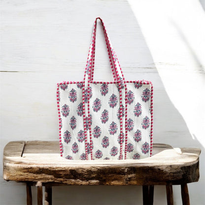Handblock Print Tote Bag with Zipper