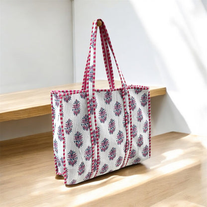 Handblock Print Tote Bag with Zipper
