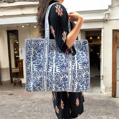 Handblock Print Tote Bag with Zipper