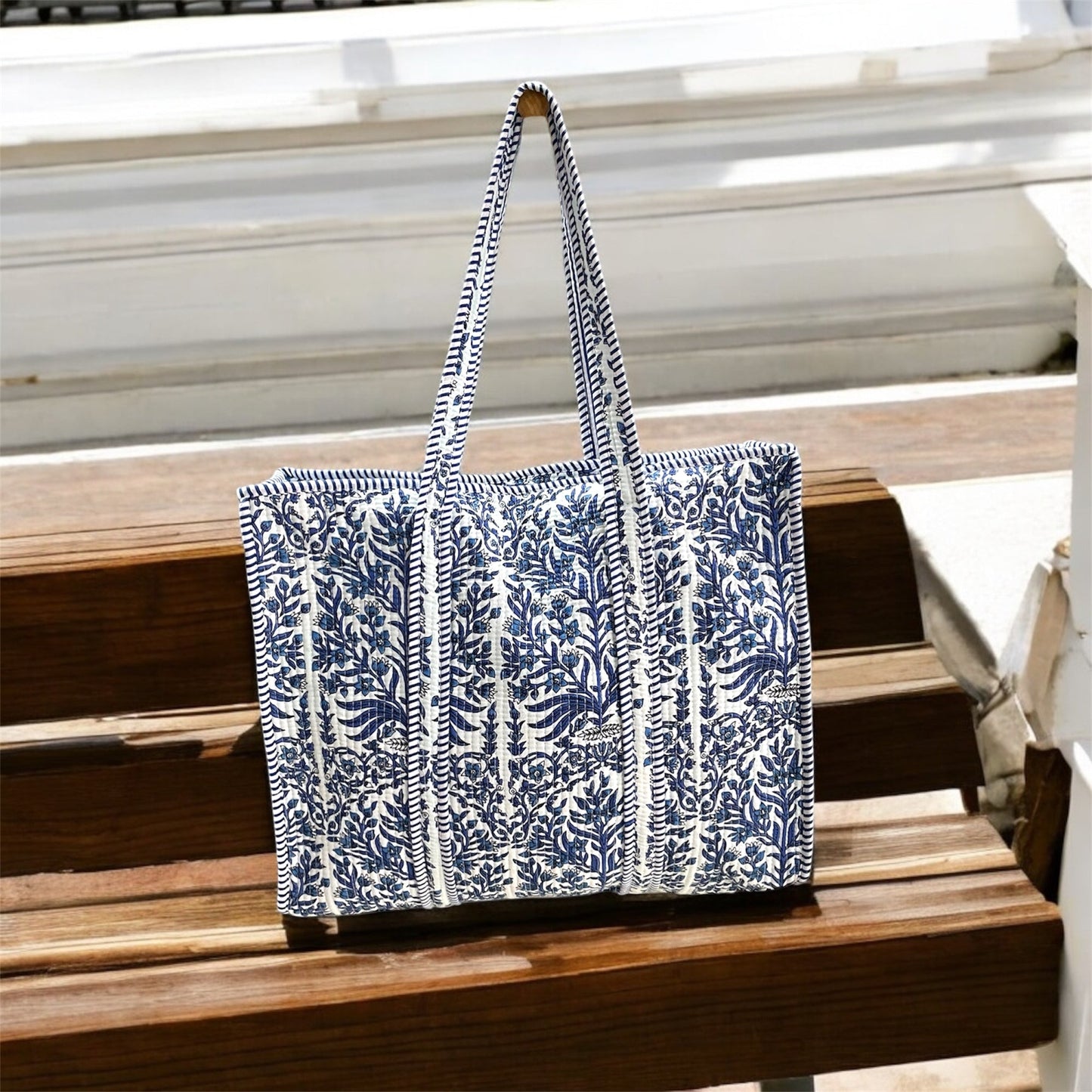 Handblock Print Tote Bag with Zipper