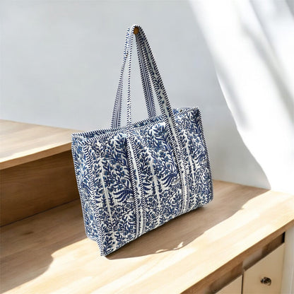 Handblock Print Tote Bag with Zipper