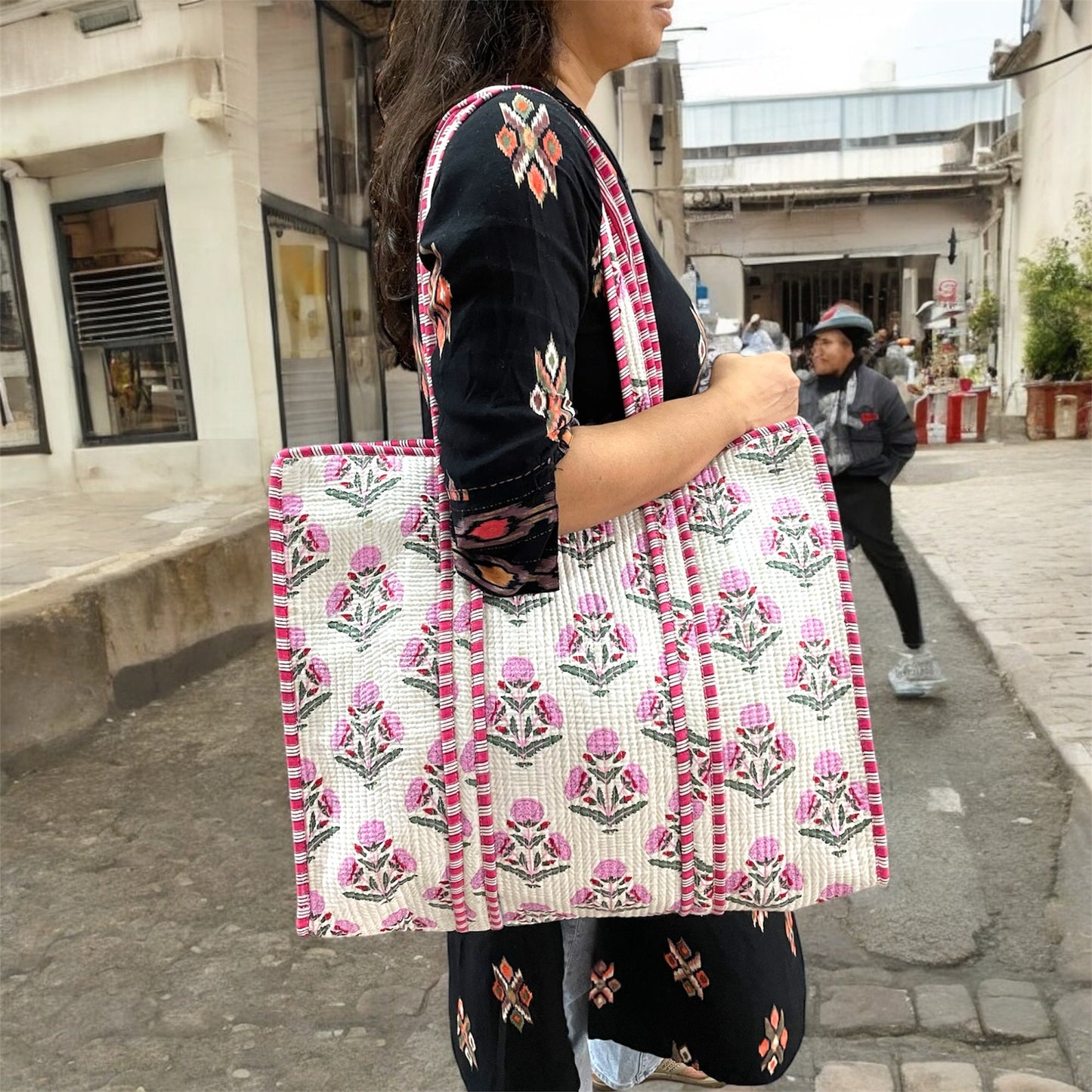 Handblock Print Tote Bag with Zipper