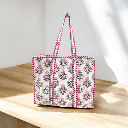 Handblock Print Tote Bag with Zipper