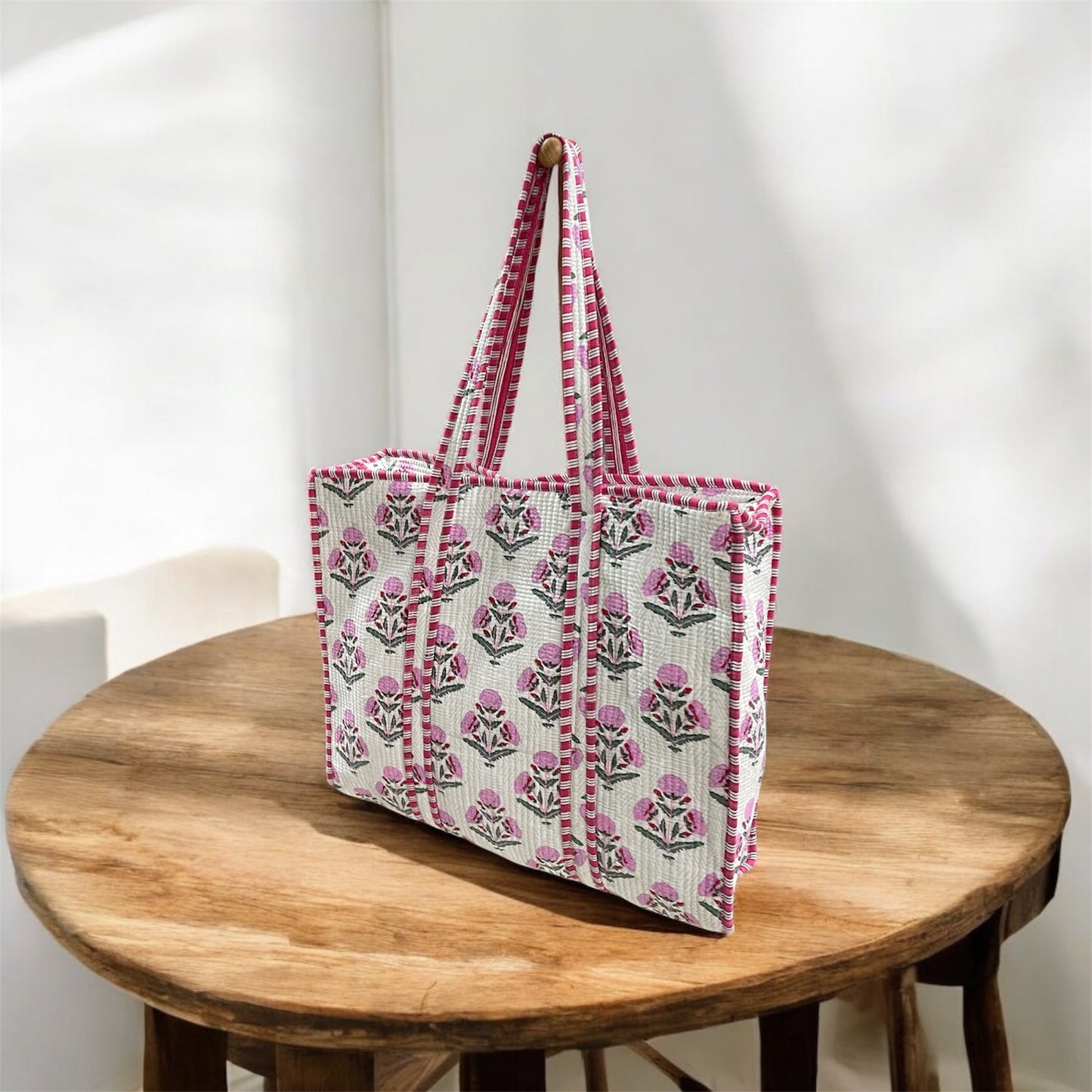 Handblock Print Tote Bag with Zipper