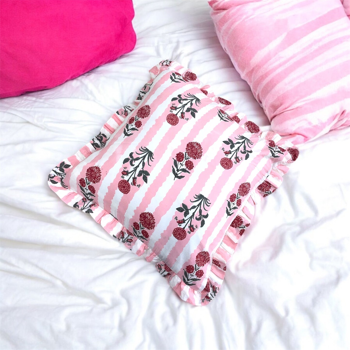 Handblock Cotton Cushion Cover with Frills (Pink)
