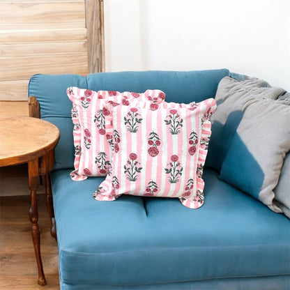 Handblock Cotton Cushion Cover with Frills (Pink)