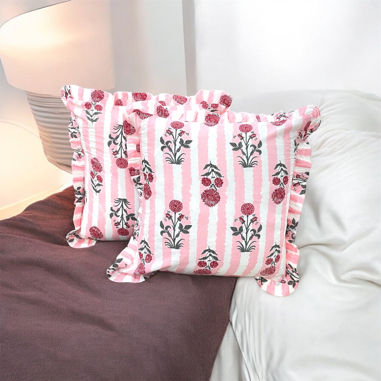 Handblock Cotton Cushion Cover with Frills (Pink)