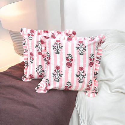 Handblock Cotton Cushion Cover with Frills (Pink)