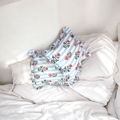 Handblock Cotton Cushion Cover with Frills (Blue)