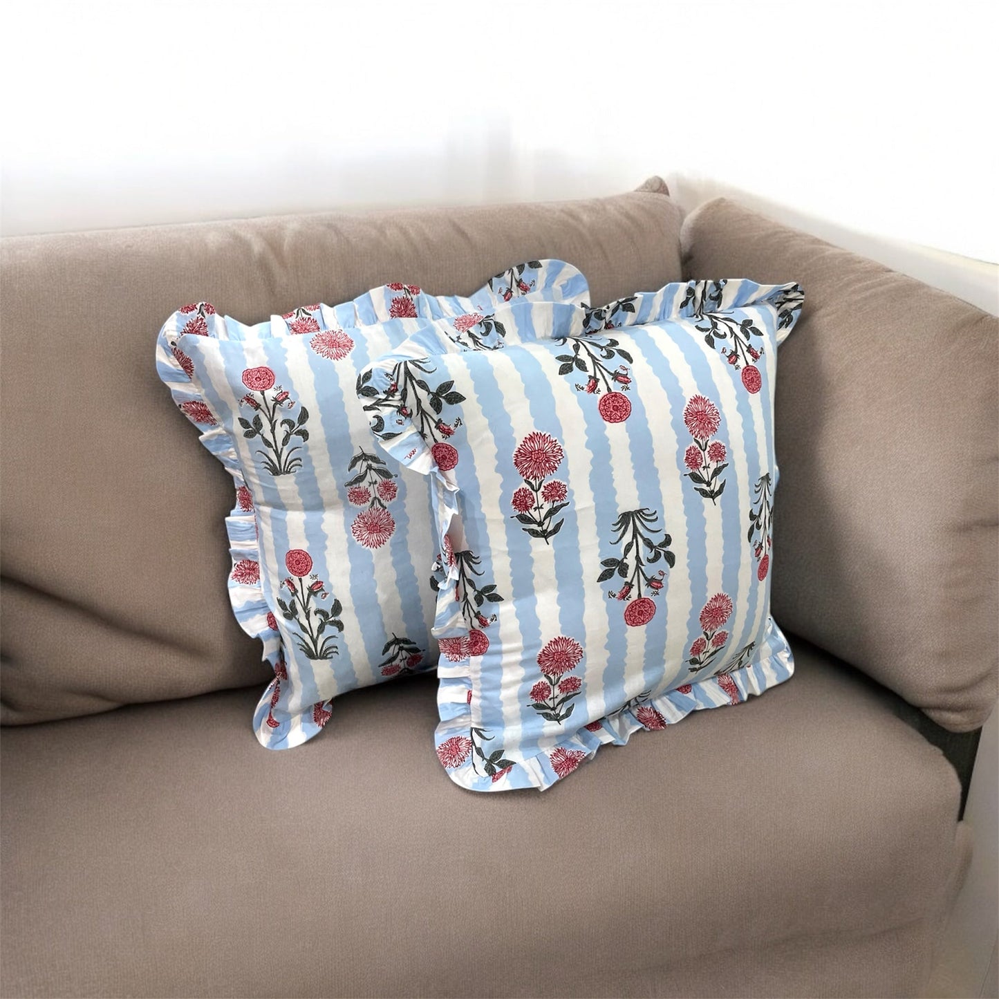 Handblock Cotton Cushion Cover with Frills (Blue)