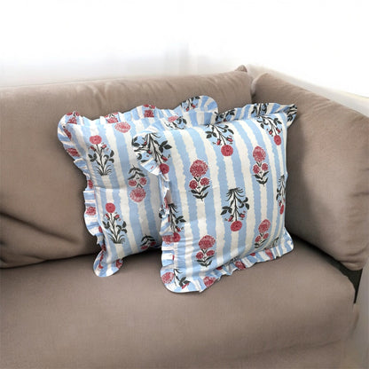 Handblock Cotton Cushion Cover with Frills (Blue)