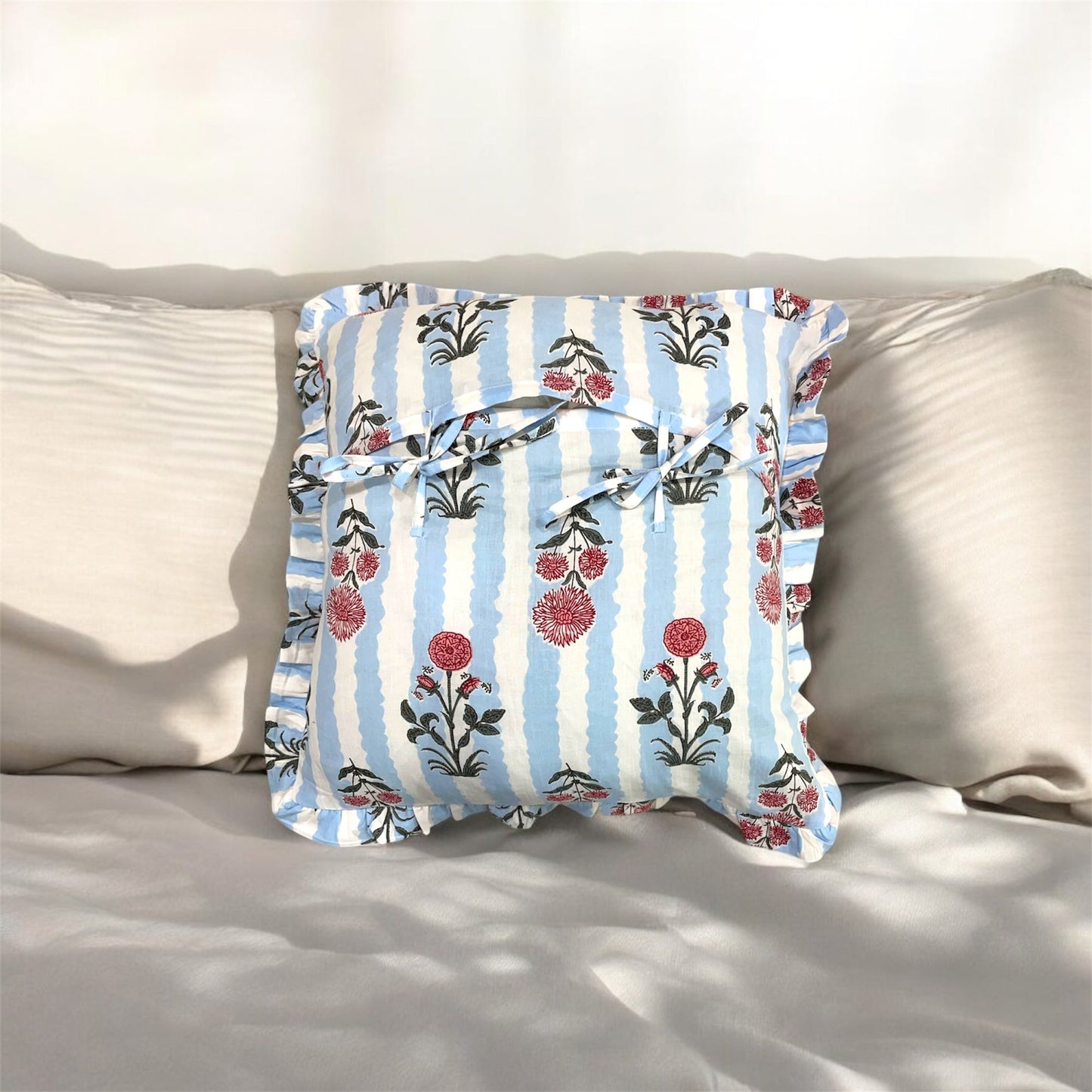 Handblock Cotton Cushion Cover with Frills (Blue)