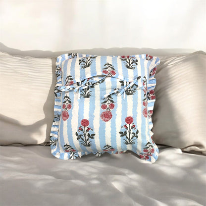 Handblock Cotton Cushion Cover with Frills (Blue)