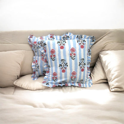 Handblock Cotton Cushion Cover with Frills (Blue)