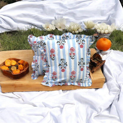 Handblock Cotton Cushion Cover with Frills (Blue)