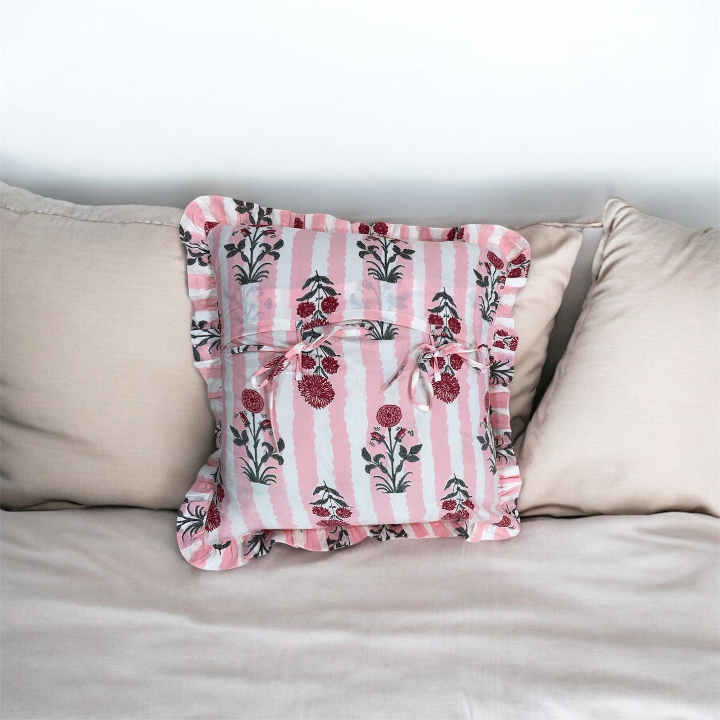 Handblock Cotton Cushion Cover with Frills (Pink)