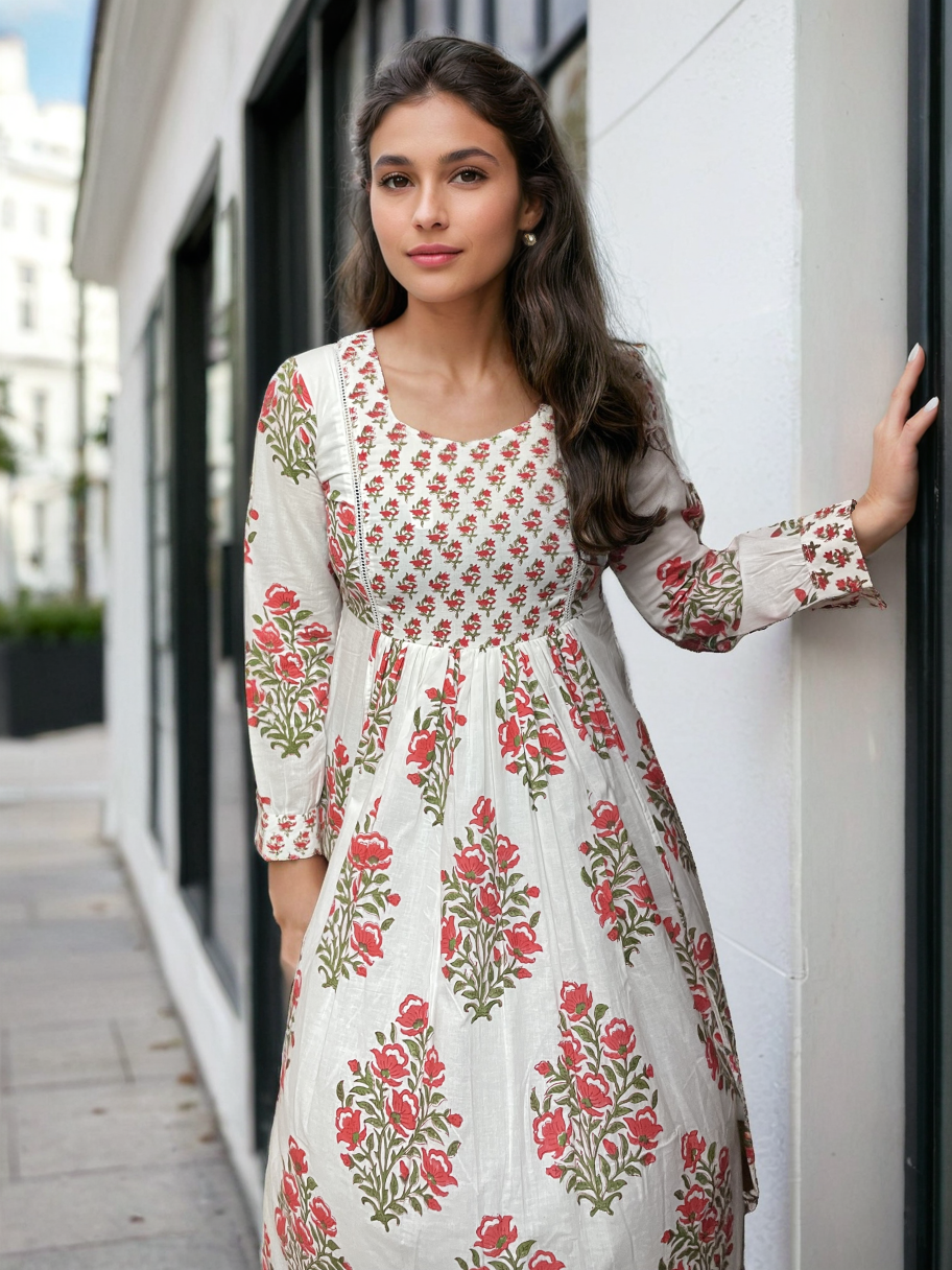 Handblock Orange Midi Dress