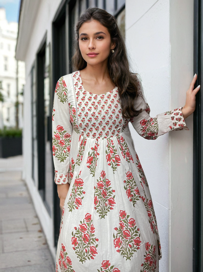 Handblock Orange Midi Dress