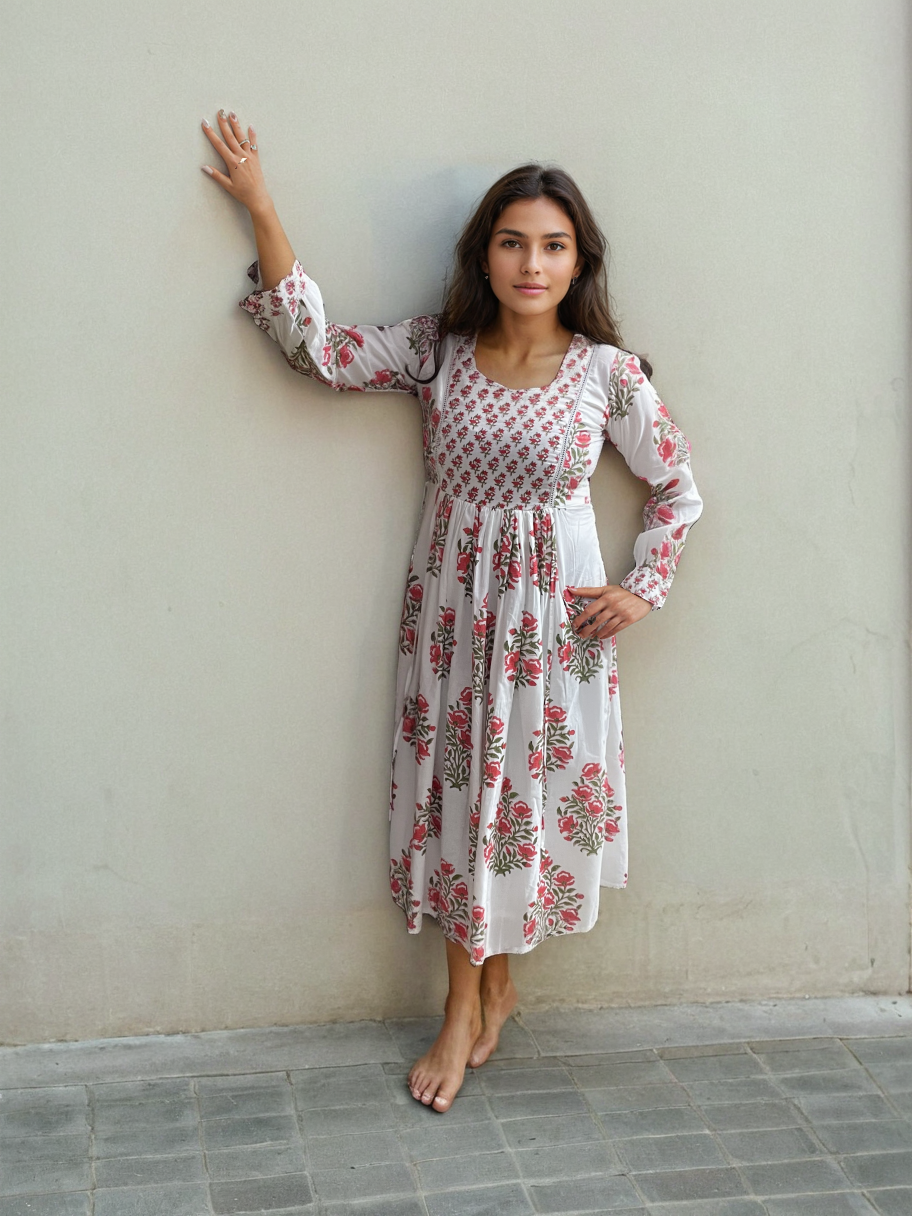 Handblock Orange Midi Dress