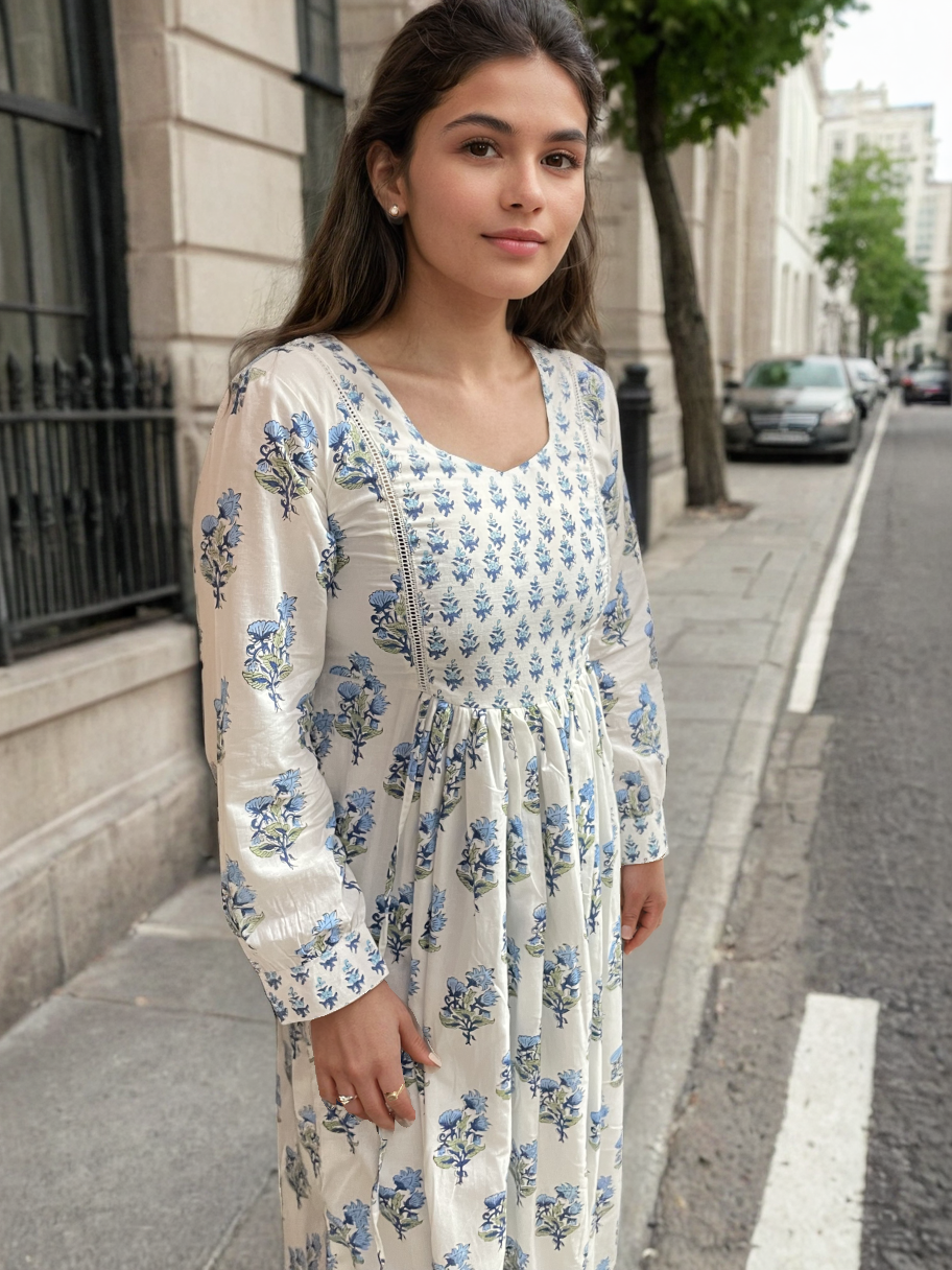 Handblock Blue Midi Dress