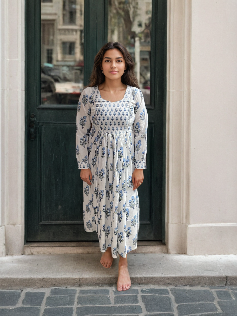 Handblock Blue Midi Dress