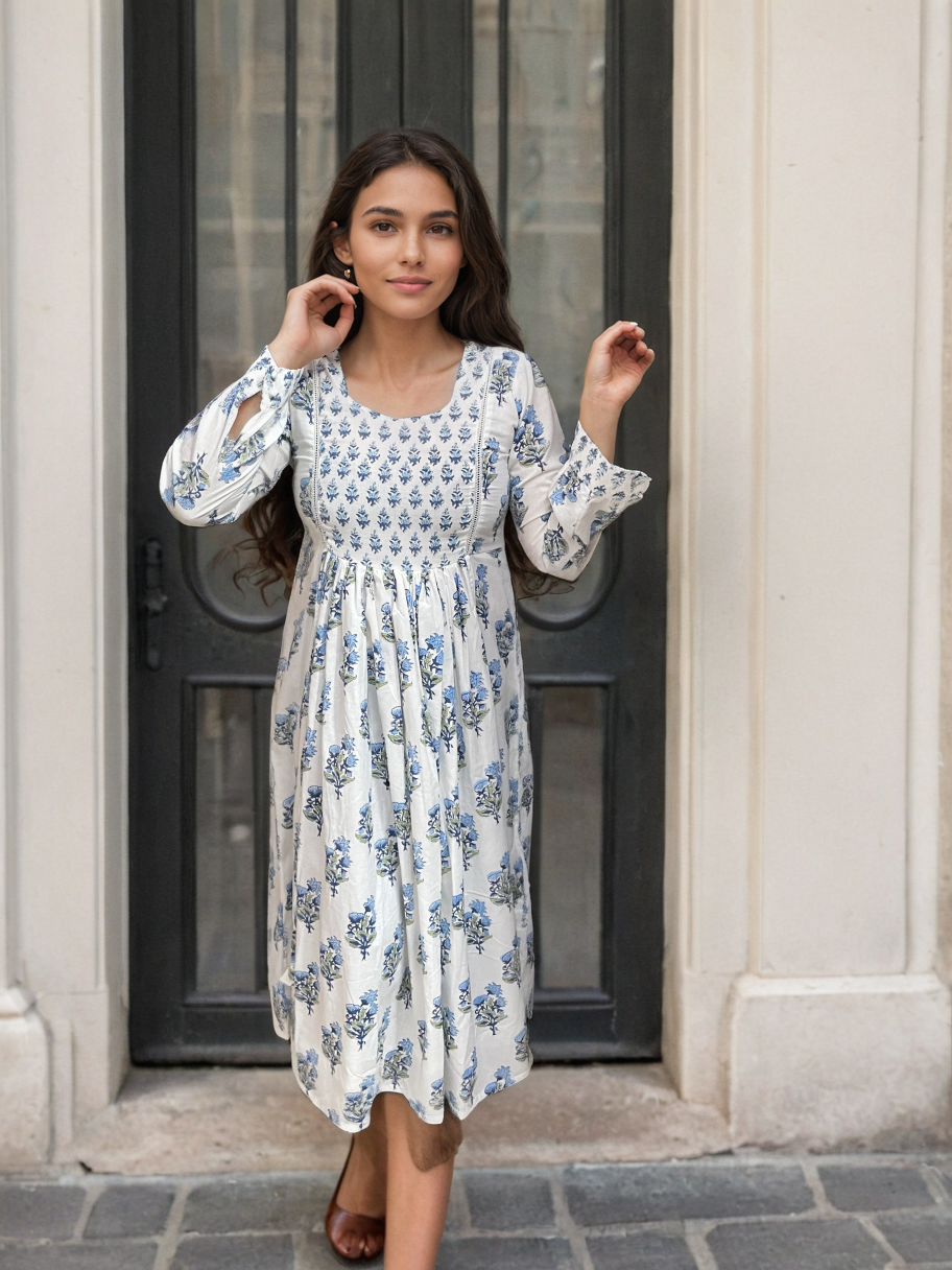 Handblock Blue Midi Dress